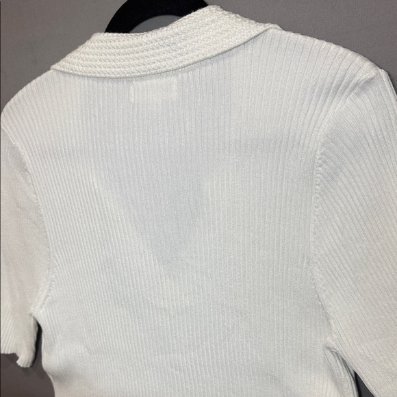 Marled Ribbed Knit Polo Top XL White Short Sleeve Rayon Blend Stretchy - Picture 9 of 9